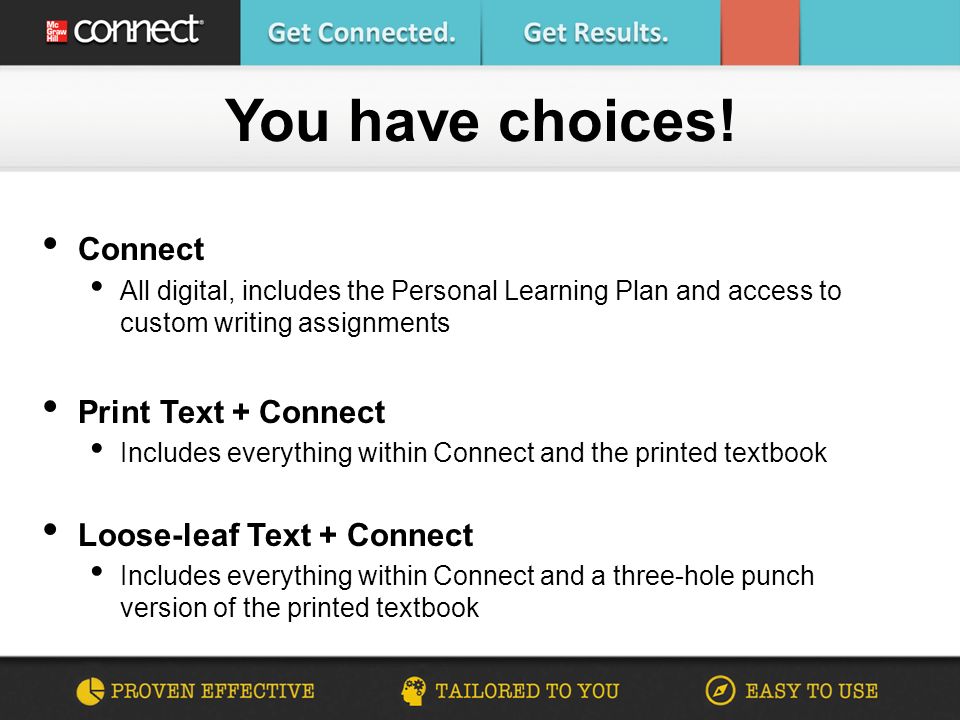 Connect All digital, includes the Personal Learning Plan and access to custom writing assignments Print Text + Connect Includes everything within Connect and the printed textbook Loose-leaf Text + Connect Includes everything within Connect and a three-hole punch version of the printed textbook You have choices!