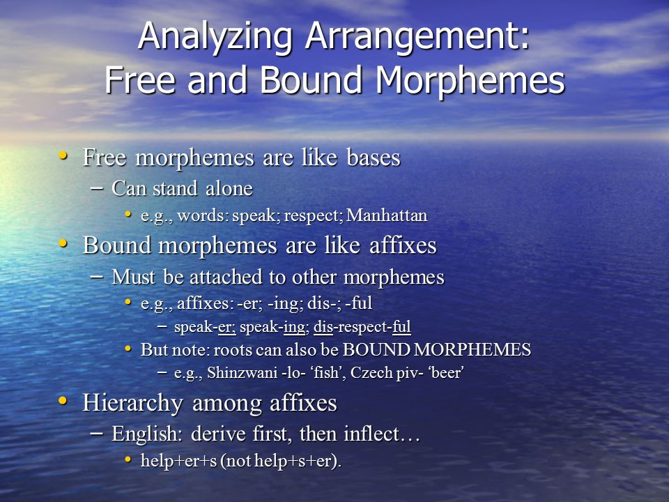 Analyzing Arrangement: Free and Bound Morphemes Free morphemes are like bases Free morphemes are like bases – Can stand alone e.g., words: speak; respect; Manhattan e.g., words: speak; respect; Manhattan Bound morphemes are like affixes Bound morphemes are like affixes – Must be attached to other morphemes e.g., affixes: -er; -ing; dis-; -ful e.g., affixes: -er; -ing; dis-; -ful – speak-er; speak-ing; dis-respect-ful But note: roots can also be BOUND MORPHEMES But note: roots can also be BOUND MORPHEMES – e.g., Shinzwani -lo- ‘fish’, Czech piv- ‘beer’ Hierarchy among affixes Hierarchy among affixes – English: derive first, then inflect… help+er+s (not help+s+er).