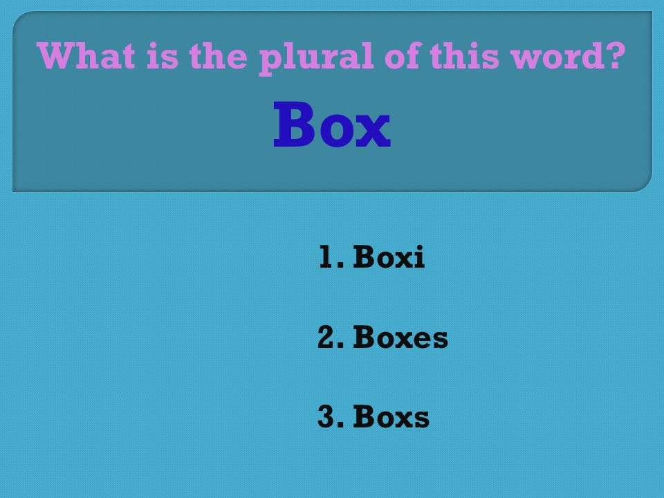 What is the plural of this word 1. Boxi 2. Boxes 3. Boxs Box