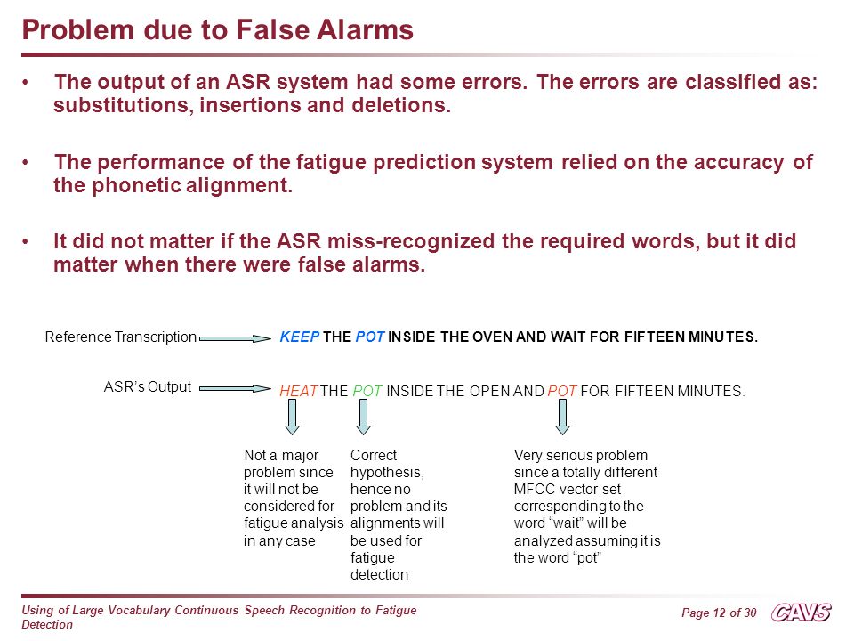Page 12 of 30 Using of Large Vocabulary Continuous Speech Recognition to Fatigue Detection Problem due to False Alarms The output of an ASR system had some errors.