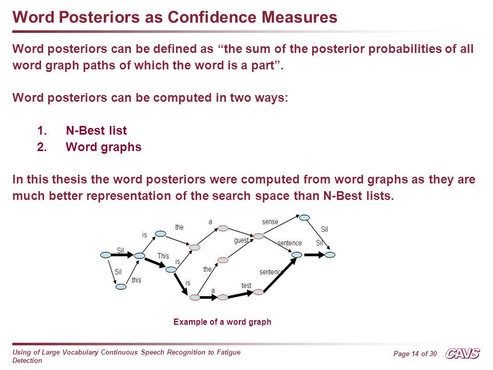 Page 14 of 30 Using of Large Vocabulary Continuous Speech Recognition to Fatigue Detection Word Posteriors as Confidence Measures Word posteriors can be defined as the sum of the posterior probabilities of all word graph paths of which the word is a part .