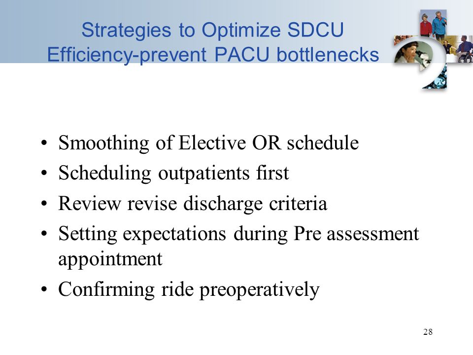 28 Strategies to Optimize SDCU Efficiency-prevent PACU bottlenecks Smoothing of Elective OR schedule Scheduling outpatients first Review revise discharge criteria Setting expectations during Pre assessment appointment Confirming ride preoperatively