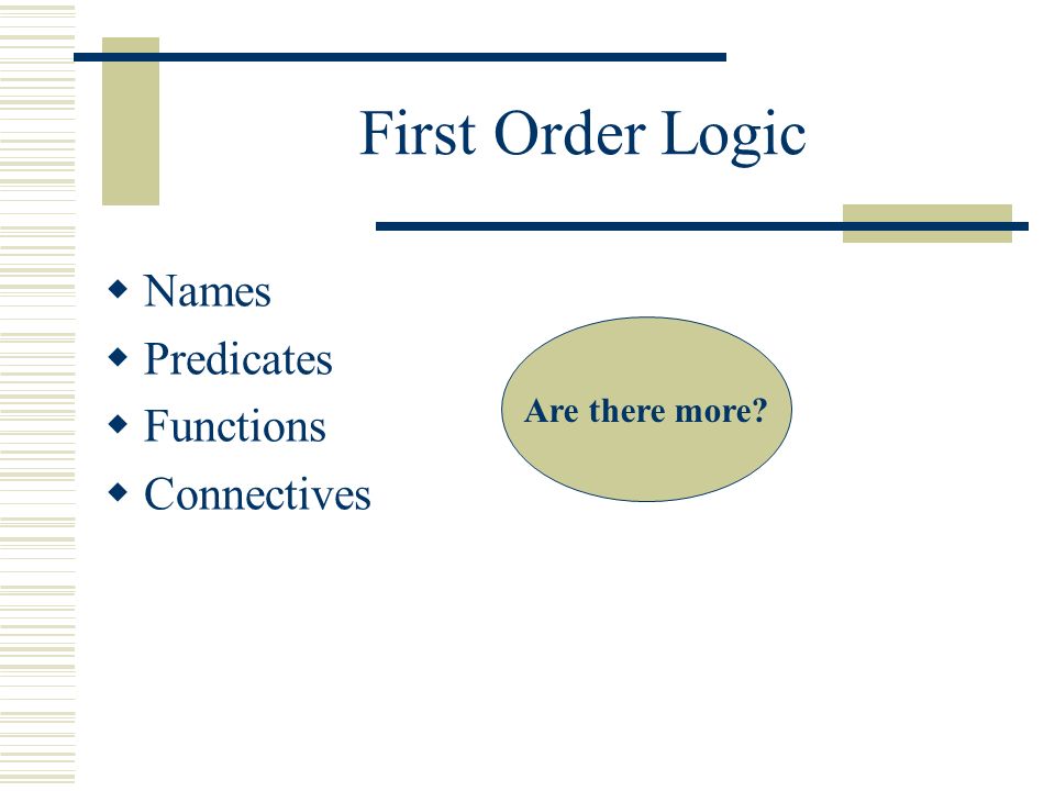 First Order Logic  Names  Predicates  Functions  Connectives Are there more