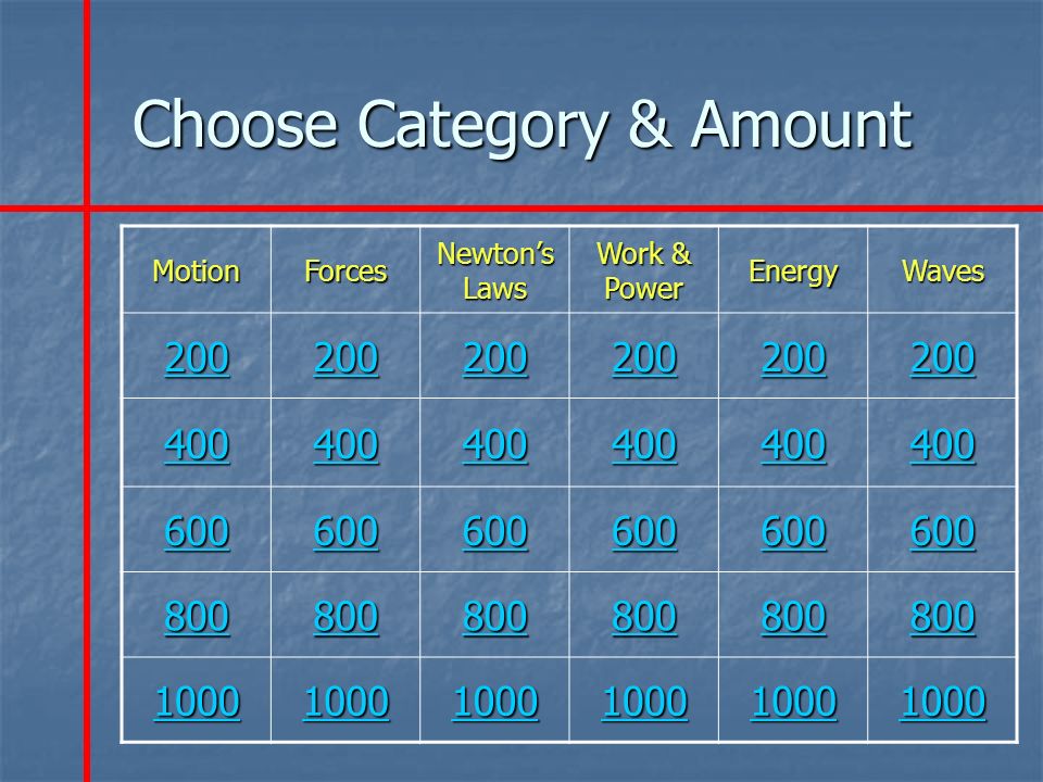 Choose Category & Amount MotionForces Newton’s Laws Work & Power EnergyWaves