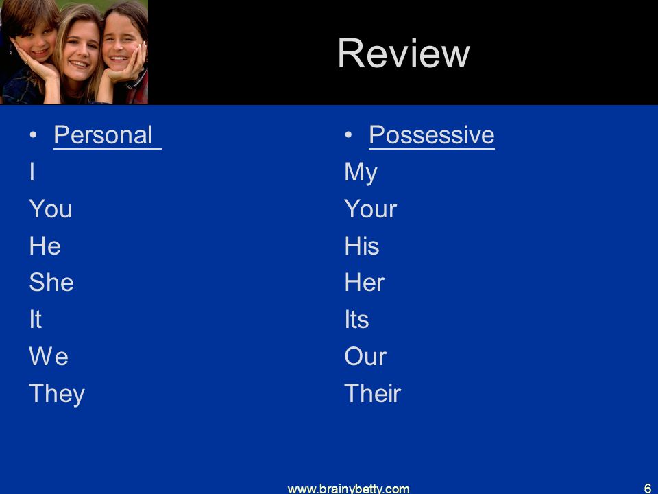 Review Personal I You He She It We They Possessive My Your His Her Its Our Their
