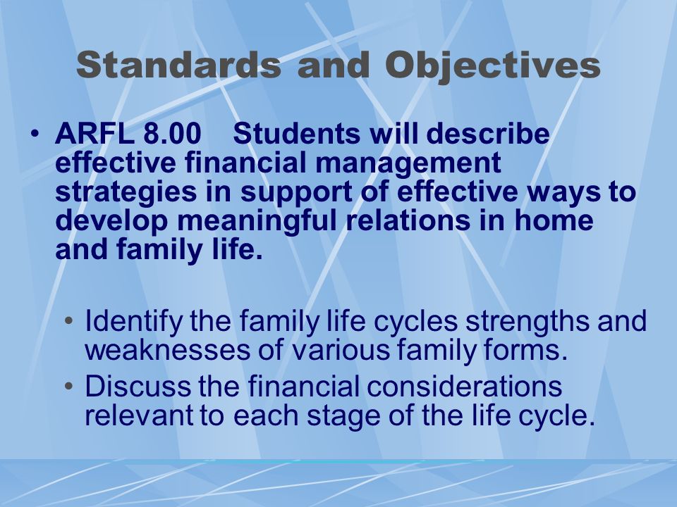 Standards and Objectives ARFL 8.00 Students will describe effective financial management strategies in support of effective ways to develop meaningful relations in home and family life.