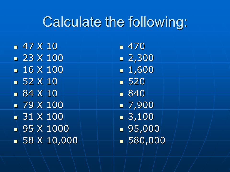 Calculate the following: 47 X X X X X X X X X 10, ,300 1, ,900 3,100 95, ,000