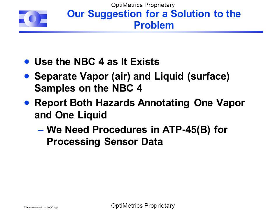 Filename (control number)-23.ppt OptiMetrics Proprietary Our Suggestion for a Solution to the Problem  Use the NBC 4 as It Exists  Separate Vapor (air) and Liquid (surface) Samples on the NBC 4  Report Both Hazards Annotating One Vapor and One Liquid –We Need Procedures in ATP-45(B) for Processing Sensor Data