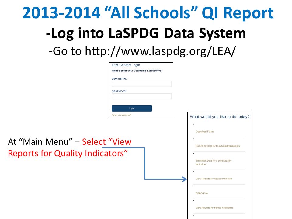 All Schools QI Report -Log into LaSPDG Data System At Main Menu – Select View Reports for Quality Indicators -Go to