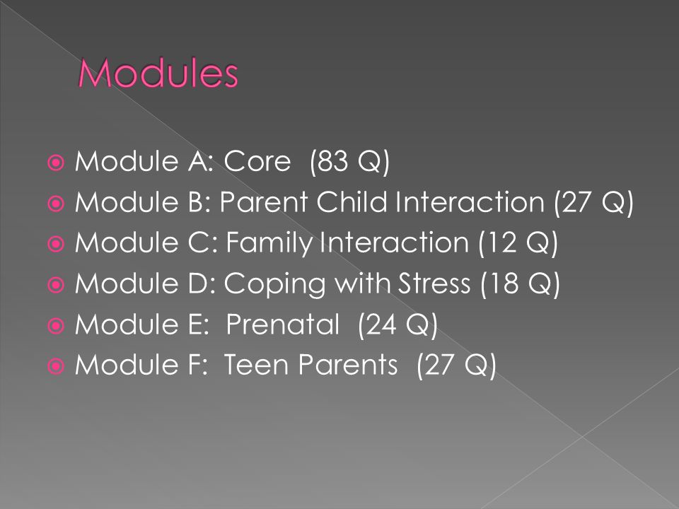  Module A: Core (83 Q)  Module B: Parent Child Interaction (27 Q)  Module C: Family Interaction (12 Q)  Module D: Coping with Stress (18 Q)  Module E: Prenatal (24 Q)  Module F: Teen Parents (27 Q)