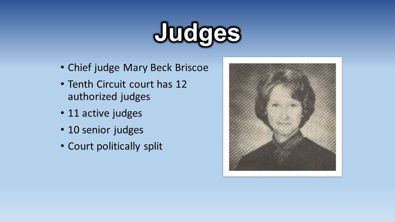 Chief judge Mary Beck Briscoe Tenth Circuit court has 12 authorized judges 11 active judges 10 senior judges Court politically split