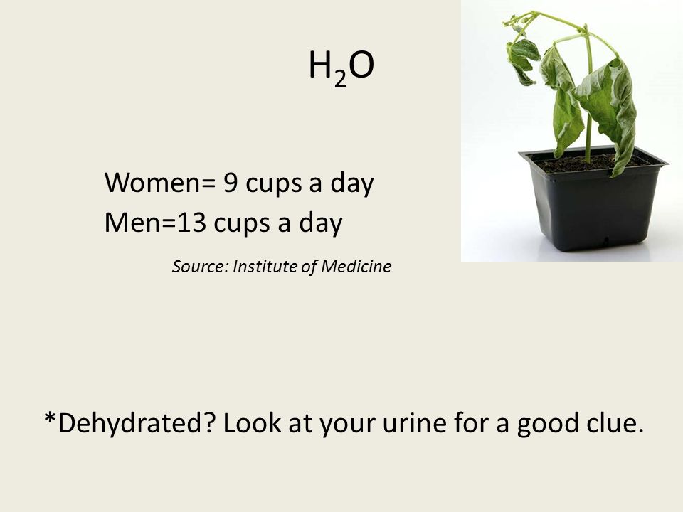 H2OH2O Women= 9 cups a day Men=13 cups a day Source: Institute of Medicine *Dehydrated.
