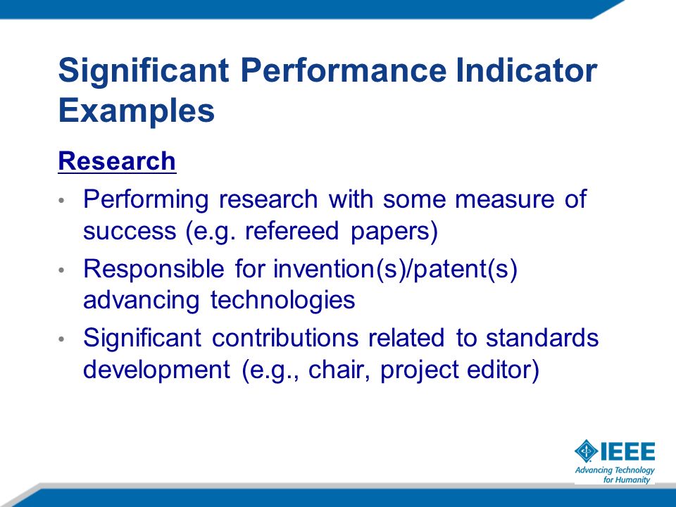 Significant Performance Indicator Examples Research Performing research with some measure of success (e.g.