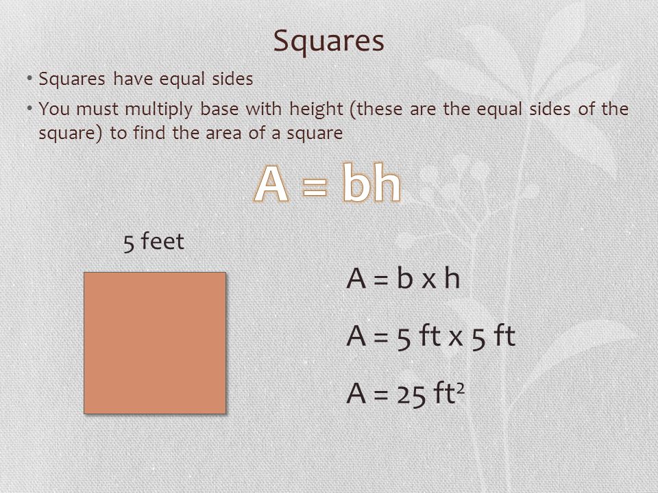 Squares 5 feet A = b x h A = 5 ft x 5 ft A = 25 ft 2
