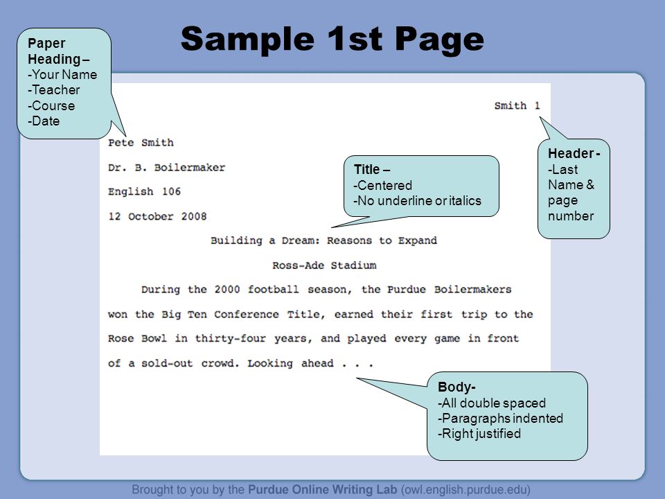 Sample 1st Page Paper Heading – -Your Name -Teacher -Course -Date Header - -Last Name & page number Title – -Centered -No underline or italics Body- -All double spaced -Paragraphs indented -Right justified