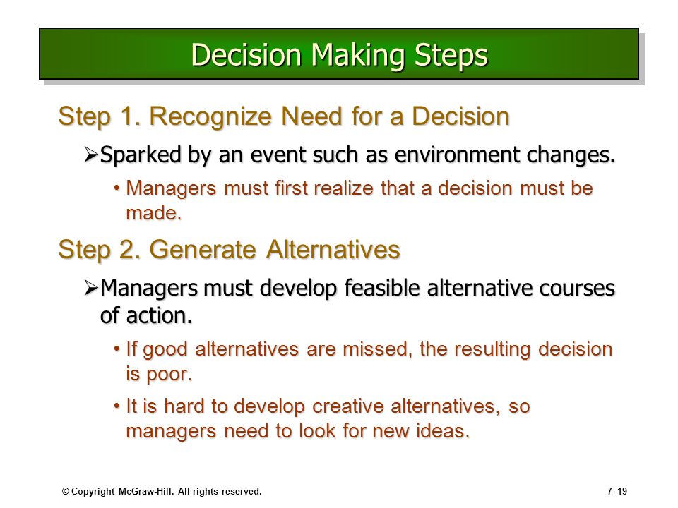 © Copyright McGraw-Hill. All rights reserved.7–19 Decision Making Steps Step 1.