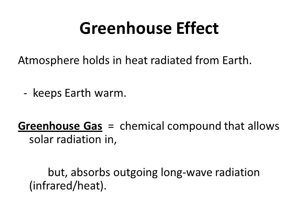Greenhouse Effect Atmosphere holds in heat radiated from Earth.