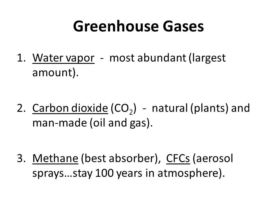 Greenhouse Gases 1.Water vapor - most abundant (largest amount).