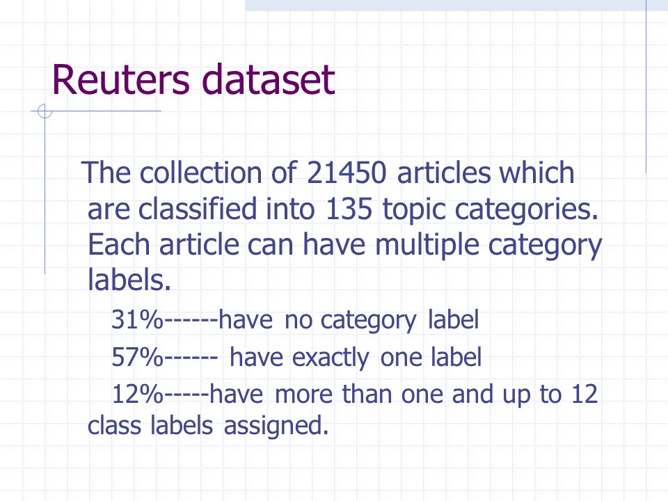 Reuters dataset The collection of articles which are classified into 135 topic categories.