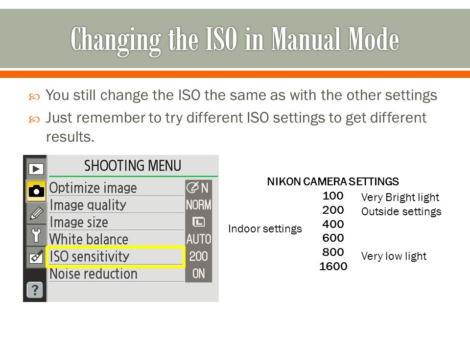  You still change the ISO the same as with the other settings  Just remember to try different ISO settings to get different results.