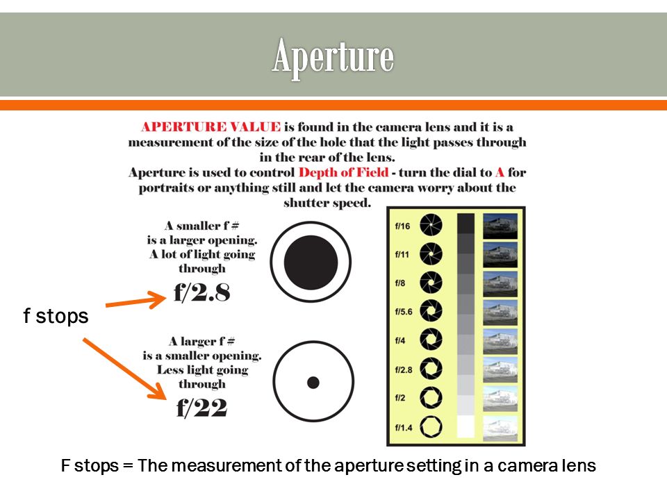 f stops F stops = The measurement of the aperture setting in a camera lens
