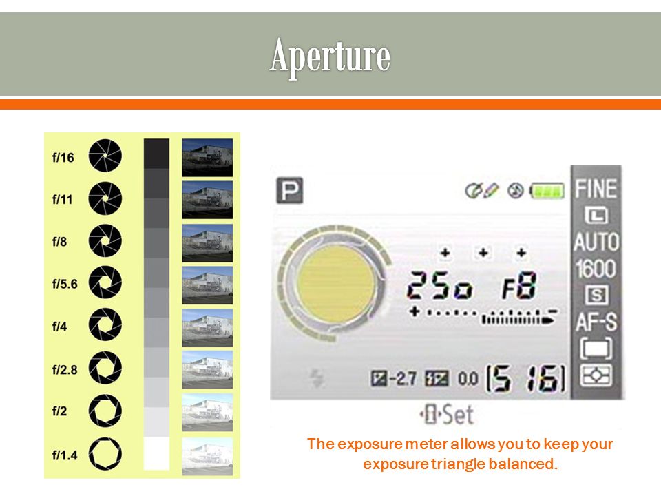 The exposure meter allows you to keep your exposure triangle balanced.