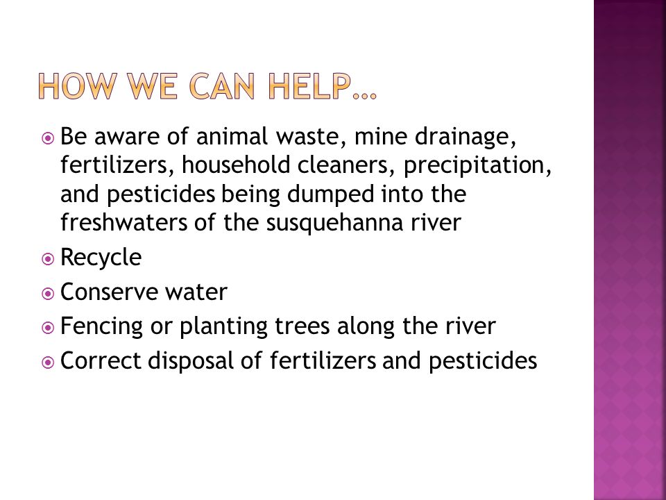  Be aware of animal waste, mine drainage, fertilizers, household cleaners, precipitation, and pesticides being dumped into the freshwaters of the susquehanna river  Recycle  Conserve water  Fencing or planting trees along the river  Correct disposal of fertilizers and pesticides
