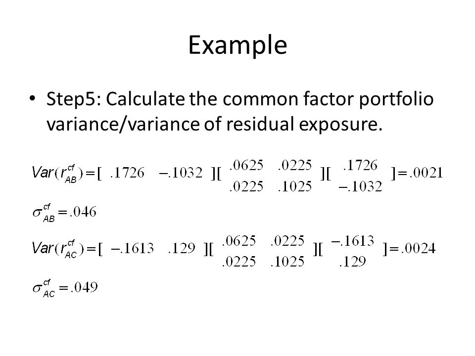 Example Step5: Calculate the common factor portfolio variance/variance of residual exposure.