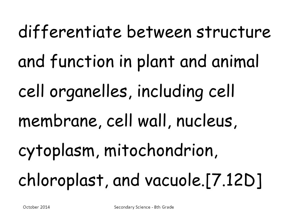differentiate between structure and function in plant and animal cell organelles, including cell membrane, cell wall, nucleus, cytoplasm, mitochondrion, chloroplast, and vacuole.[7.12D] October 2014Secondary Science - 8th Grade