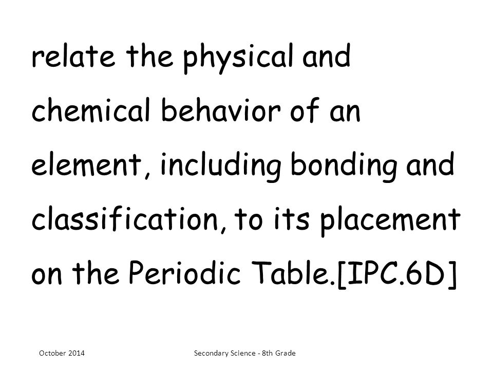 relate the physical and chemical behavior of an element, including bonding and classification, to its placement on the Periodic Table.[IPC.6D] October 2014Secondary Science - 8th Grade