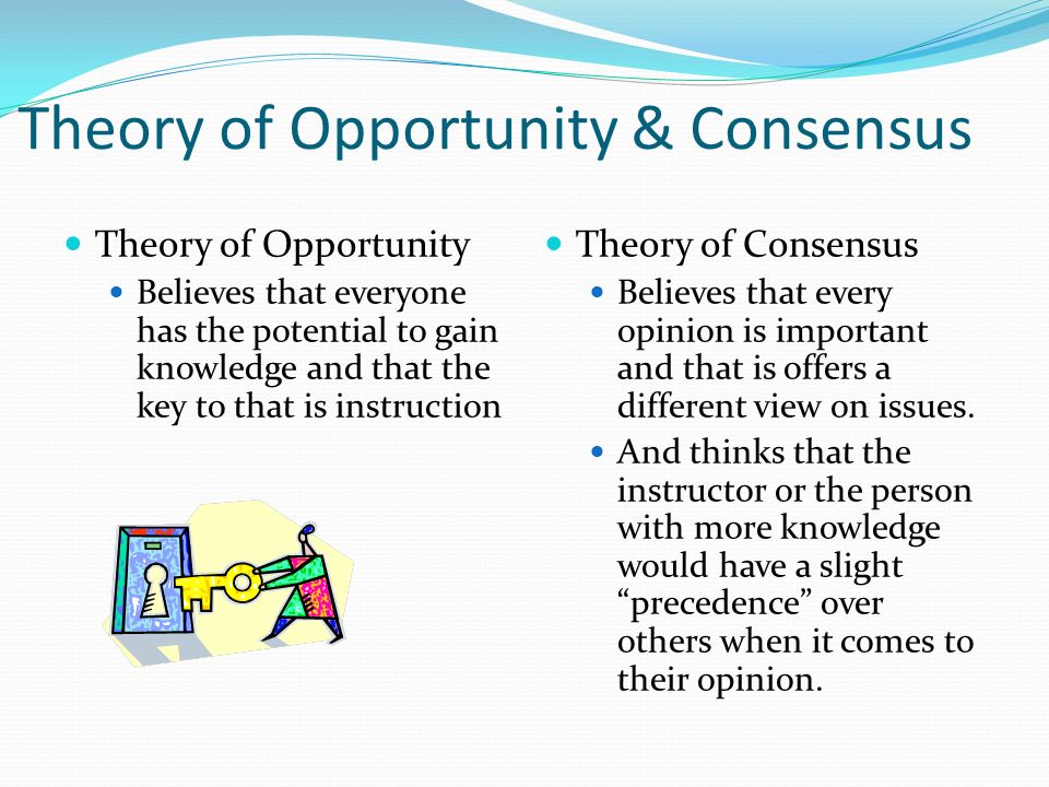 Theory of Opportunity & Consensus Theory of Opportunity Believes that everyone has the potential to gain knowledge and that the key to that is instruction Theory of Consensus Believes that every opinion is important and that is offers a different view on issues.