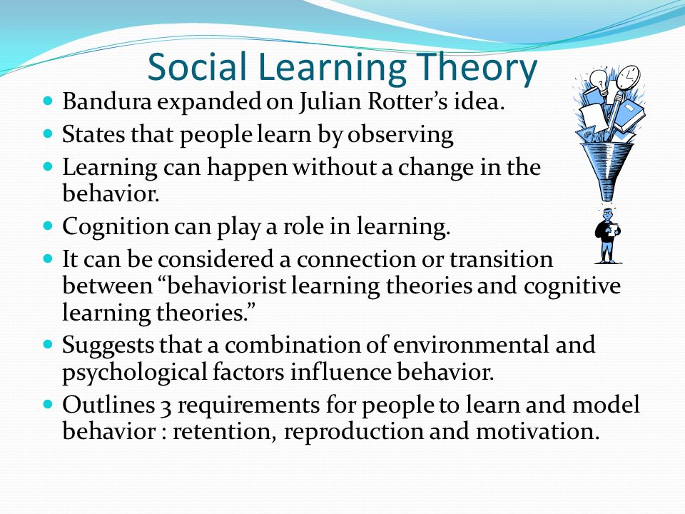 Social Learning Theory Bandura expanded on Julian Rotter’s idea.