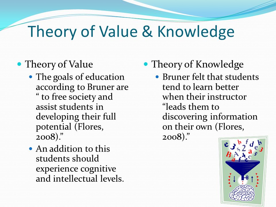 Theory of Value & Knowledge Theory of Value The goals of education according to Bruner are to free society and assist students in developing their full potential (Flores, 2008). An addition to this students should experience cognitive and intellectual levels.