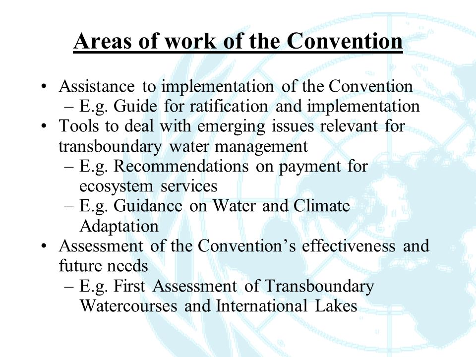 Areas of work of the Convention Assistance to implementation of the Convention –E.g.