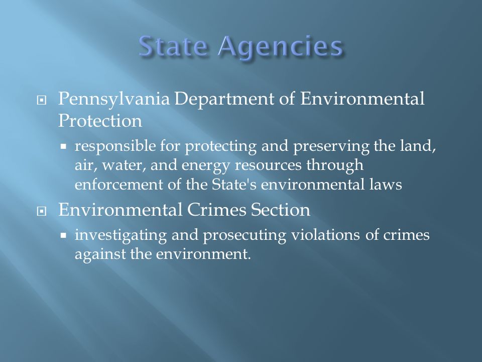  Pennsylvania Department of Environmental Protection  responsible for protecting and preserving the land, air, water, and energy resources through enforcement of the State s environmental laws  Environmental Crimes Section  investigating and prosecuting violations of crimes against the environment.