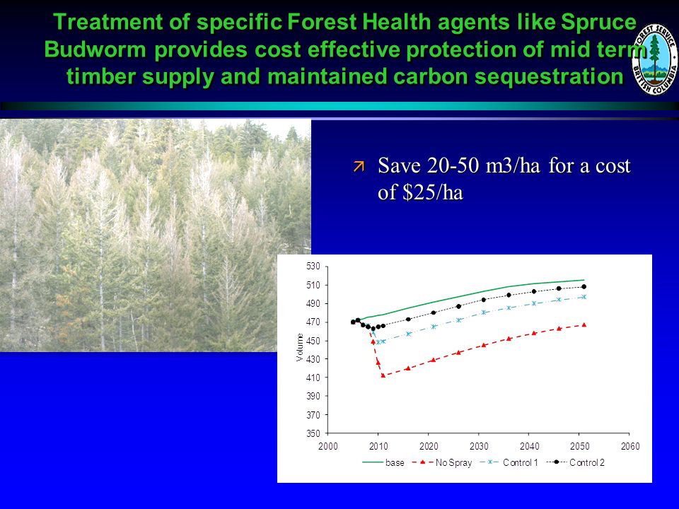 Treatment of specific Forest Health agents like Spruce Budworm provides cost effective protection of mid term timber supply and maintained carbon sequestration ä Save m3/ha for a cost of $25/ha