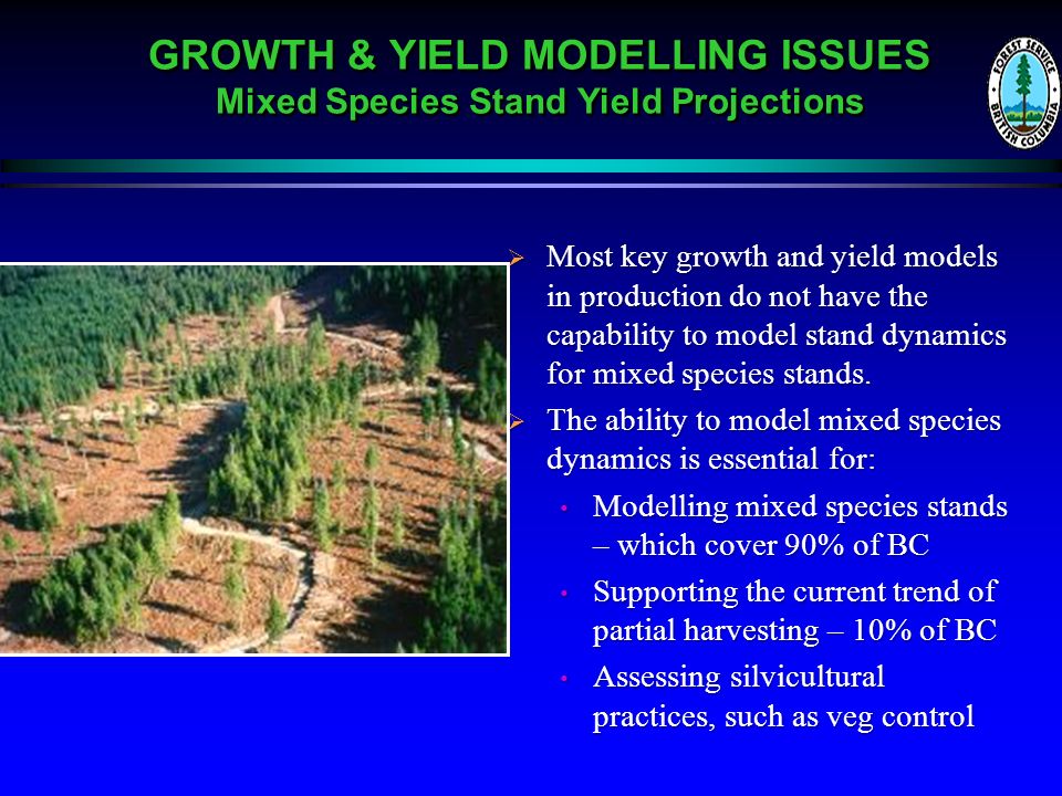 GROWTH & YIELD MODELLING ISSUES Mixed Species Stand Yield Projections  Most key growth and yield models in production do not have the capability to model stand dynamics for mixed species stands.