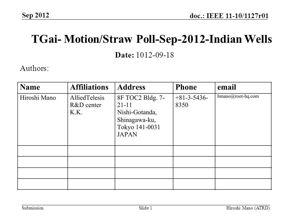 Submission doc.: IEEE 11-10/1127r01 Sep 2012 Hiroshi Mano (ATRD)Slide 1 TGai- Motion/Straw Poll-Sep-2012-Indian Wells Date: Authors: