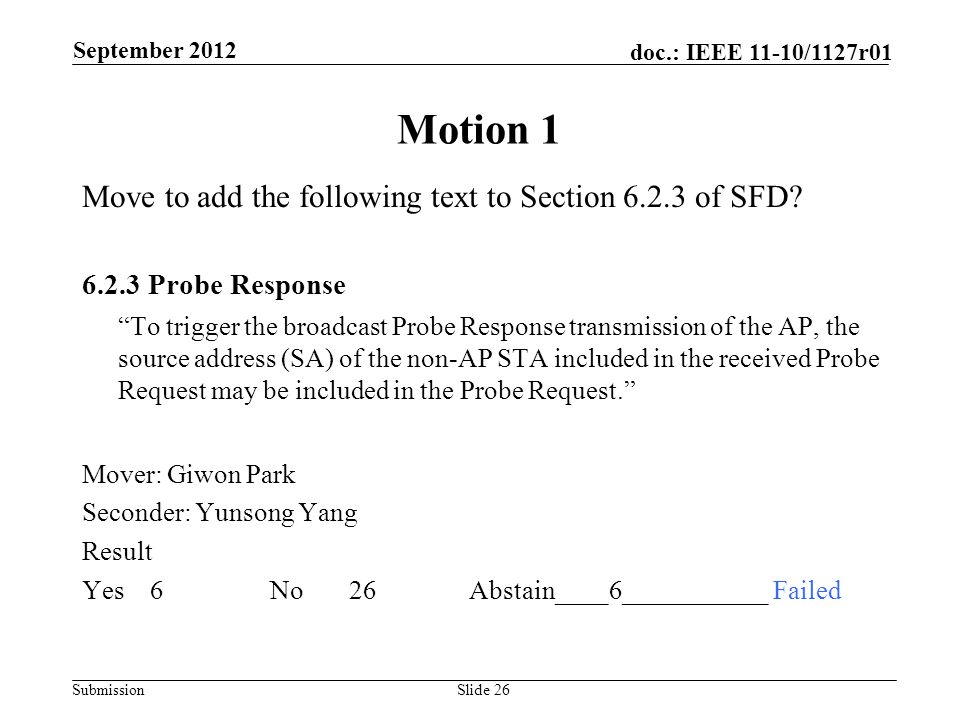 Submission doc.: IEEE 11-10/1127r01 Motion 1 Move to add the following text to Section of SFD.