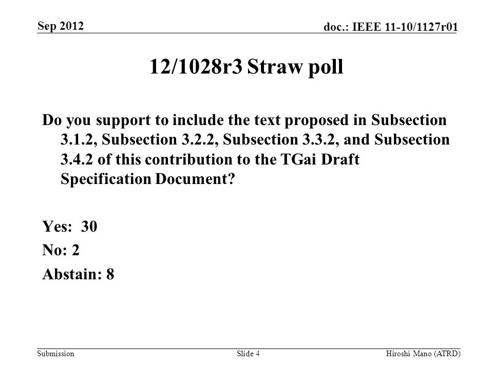 Submission doc.: IEEE 11-10/1127r01 12/1028r3 Straw poll Do you support to include the text proposed in Subsection 3.1.2, Subsection 3.2.2, Subsection 3.3.2, and Subsection of this contribution to the TGai Draft Specification Document.