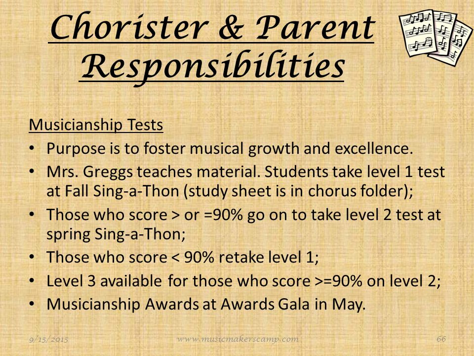 Chorister & Parent Responsibilities Music & Practice CD’s Folders & music are loaned; Keep pencil in folder; Mark music in pencil only; Practice CD’s are to be used as study aids at home in conjunction with music scores; Music returns in December & May, After check-in, fees may apply for lost/damaged scores.