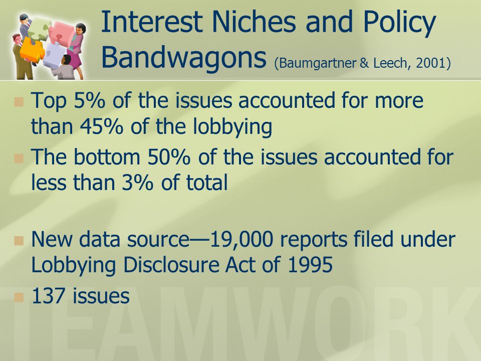 Interest Niches and Policy Bandwagons (Baumgartner & Leech, 2001) Top 5% of the issues accounted for more than 45% of the lobbying The bottom 50% of the issues accounted for less than 3% of total New data source—19,000 reports filed under Lobbying Disclosure Act of issues