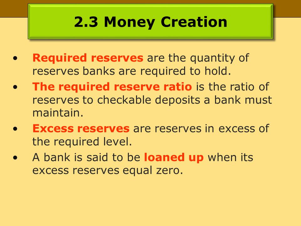 2.3 Money Creation Required reserves are the quantity of reserves banks are required to hold.