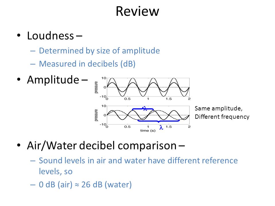 Review Loudness – – Determined by size of amplitude – Measured in decibels (dB) Amplitude – Air/Water decibel comparison – – Sound levels in air and water have different reference levels, so – 0 dB (air) ≈ 26 dB (water) Same amplitude, Different frequency