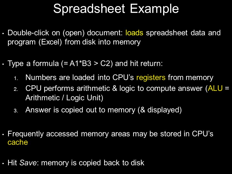 Spreadsheet Example Double-click on (open) document: loads spreadsheet data and program (Excel) from disk into memory Type a formula (= A1*B3 > C2) and hit return: 1.