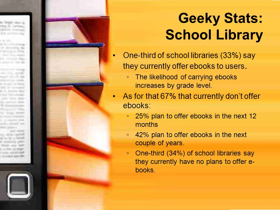 Geeky Stats: School Library One-third of school libraries (33%) say they currently offer ebooks to users.