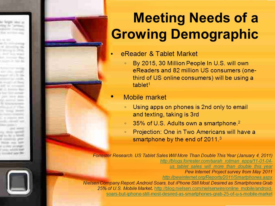 Meeting Needs of a Growing Demographic eReader & Tablet Market ◦By 2015, 30 Million People In U.S.