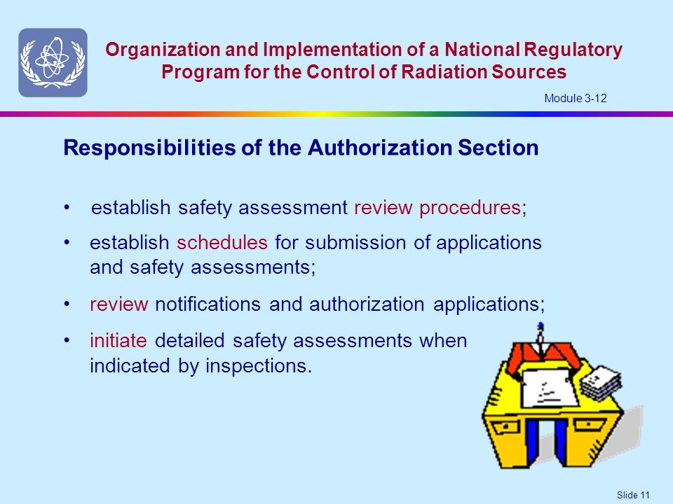 Slide 11 Organization and Implementation of a National Regulatory Program for the Control of Radiation Sources Module 3-12 establish safety assessment review procedures; Responsibilities of the Authorization Section establish schedules for submission of applications and safety assessments; review notifications and authorization applications; initiate detailed safety assessments when indicated by inspections.