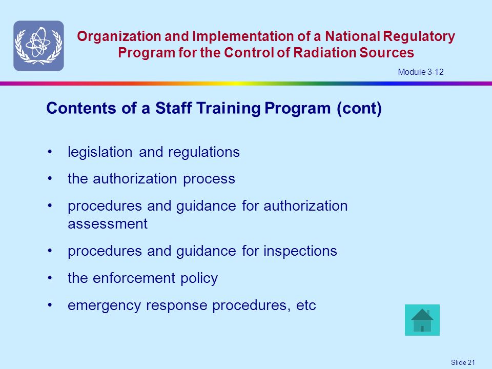 Slide 21 Organization and Implementation of a National Regulatory Program for the Control of Radiation Sources Module 3-12 legislation and regulations the authorization process procedures and guidance for authorization assessment procedures and guidance for inspections the enforcement policy emergency response procedures, etc Contents of a Staff Training Program (cont)