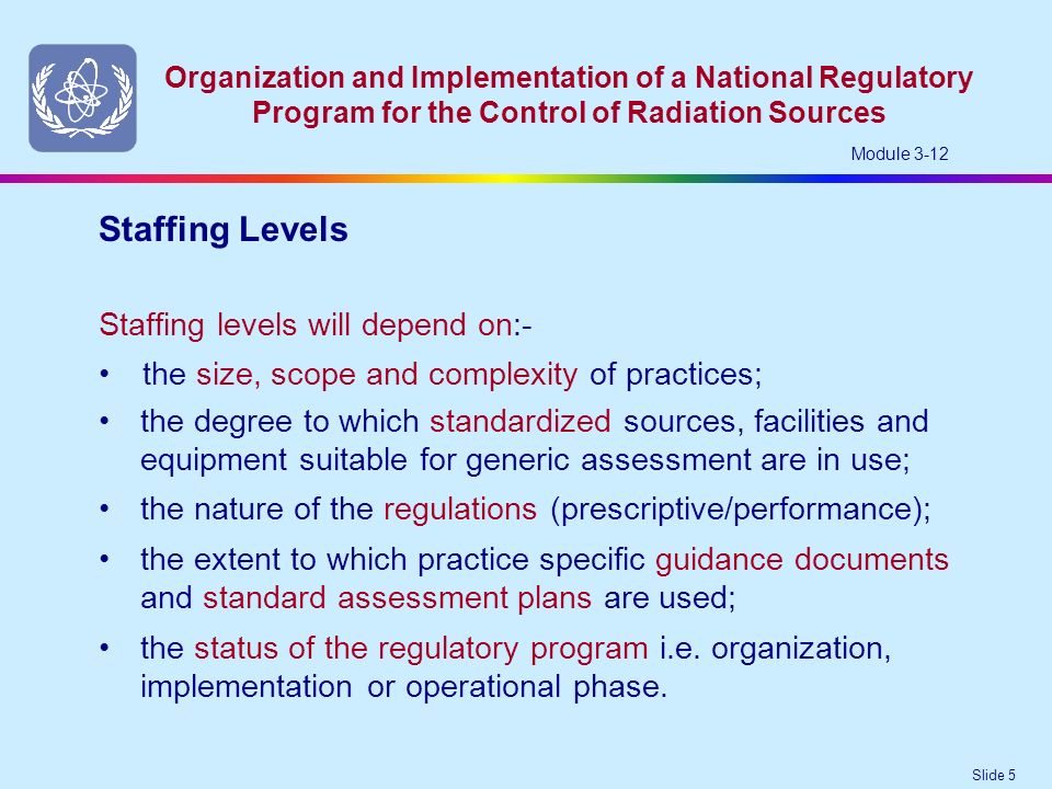 Slide 5 Organization and Implementation of a National Regulatory Program for the Control of Radiation Sources Module 3-12 Staffing levels will depend on:- the size, scope and complexity of practices; Staffing Levels the degree to which standardized sources, facilities and equipment suitable for generic assessment are in use; the nature of the regulations (prescriptive/performance); the extent to which practice specific guidance documents and standard assessment plans are used; the status of the regulatory program i.e.